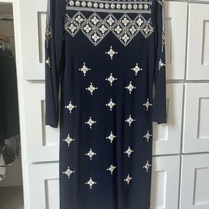 Tory Burch Navy Long Sleeve Dress with White Embellishments